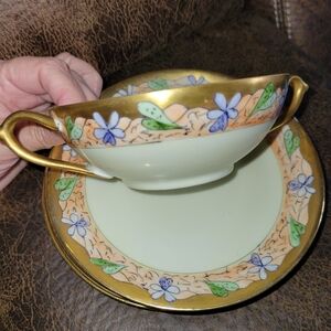 Vintage Favorite HR Bavaria Handpainted 2 handle Tea cup & Saucer Set w/Gold Rim